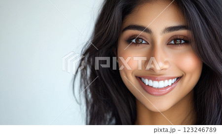 Radiant smile of a woman with dark wavy hair against a bright background, showing confidence and natural beauty in a close-up shot. 123246789