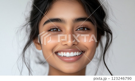 Radiant smile of a beautiful young woman with clear skin and lovely eyes. She has her hair up and her smile is luminous and inviting. Radiant smile of a beautiful young woman with clear skin and lovely eyes. She has her hair up and her smile is luminous and inviting. 123246790