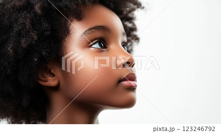 Young girl with thoughtful expression, looking upwards against a bright backdrop, hope, aspirations, innocence, future, childhood 123246792