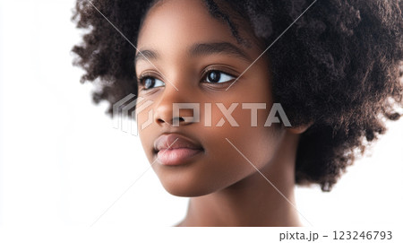 Portrait of a young girl with dark skin and curly hair, looking off to the side with a calm and gentle expression. She is on a white background. 123246793