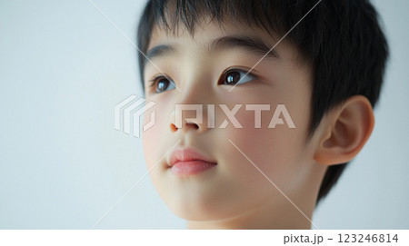 A contemplative portrait of a young child, looking upwards with soft light highlighting delicate facial features against a pale backdrop. A contemplative portrait of a young child, looking upwards with soft light highlighting delicate facial features against a pale backdrop. 123246814