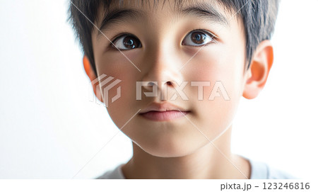 Portrait captures a young boy's gaze, eyes wide with wonder. Soft lighting highlights his smooth skin, innocence radiates from his expression. 123246816