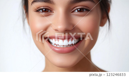 Radiant smile close-up: a young woman with perfect teeth showcases happiness and dental health against a neutral backdrop. Radiant smile close-up: a young woman with perfect teeth showcases happiness and dental health against a neutral backdrop. 123246833