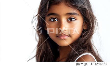 Portrait of a young girl with striking brown eyes and beautiful dark brown hair set against a bright white background. She is looking directly at the viewer. 123246835
