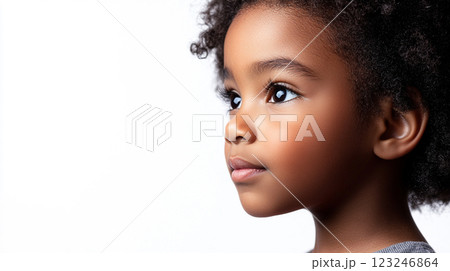 Introspective child portrait showcasing a young girl's innocent gaze and natural beauty against a stark white background in a studio setting. 123246864