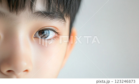 An extreme close-up captures the details of a person's face, emphasizing their eye and skin texture against a minimalist, light-toned backdrop. An extreme close-up captures the details of a person's face, emphasizing their eye and skin texture against a minimalist, light-toned backdrop. 123246873