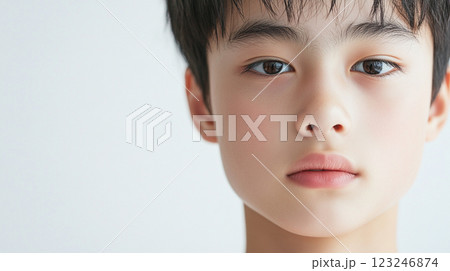 Close-up portrait of a young boy with dark hair, fair skin, and brown eyes against a plain background showcasing his youthful features. 123246874