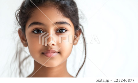 Headshot of a young girl against a plain white background, showcasing her beautiful eyes and features. Gentle lighting and focus. 123246877