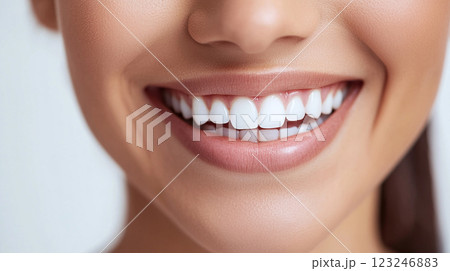 Radiant Smile: Close-up of perfectly aligned, gleaming white teeth and healthy pink lips. Enhancing facial aesthetics and projecting confidence. 123246883