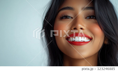 Radiant woman with a captivating smile and bold red lipstick, complemented by her sleek dark hair and glowing complexion. Radiant woman with a captivating smile and bold red lipstick, complemented by her sleek dark hair and glowing complexion. 123246885