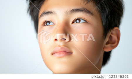 Contemplative youth gazing upwards with clear skin and dark hair against a bright backdrop, showcasing a moment of reflection. 123246891