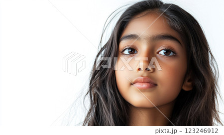 A beautiful, young girl with dark hair stares intently into the camera with soft lighting on her face. She is against a bright white backdrop. 123246912