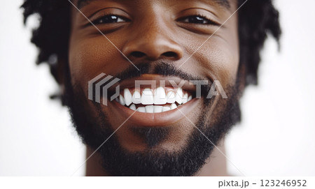 Close-up shot of a smiling African American man showing off his perfect, bright white teeth against a clean, white background. 123246952