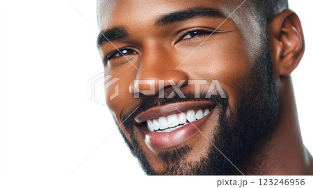 Handsome man with a beaming smile showing his perfect white teeth. A radiant and genuine expression. Close-up headshot of his face. 123246956