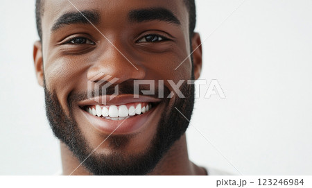 Close-up portrait of a smiling man against a white background. He has a well-groomed beard and very bright white teeth. He looks happy and healthy. 123246984