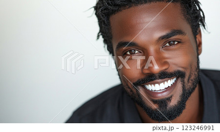 Handsome man with a charming smile and beard against a plain backdrop exudes confidence and warmth. He's dressed in a sleek, dark shirt. Handsome man with a charming smile and beard against a plain backdrop exudes confidence and warmth. He's dressed in a sleek, dark shirt. 123246991