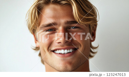 Radiant Smile: A close-up of a young man with sun-kissed skin and striking blue eyes, his bright smile full of genuine warmth and joy. Radiant Smile: A close-up of a young man with sun-kissed skin and striking blue eyes, his bright smile full of genuine warmth and joy. 123247013