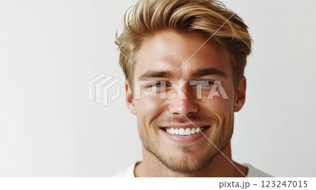 Portrait of a smiling young man with blond hair, showcasing a happy and confident expression against a bright, neutral backdrop. 123247015