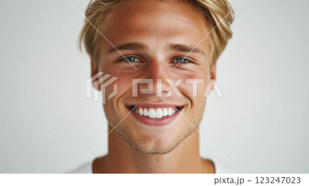 Blonde man smiling, close up headshot. Fair skin, bright blue eyes and a genuine expression against a neutral background. 123247023