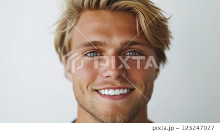 Portrait of a smiling young man with blond hair and blue eyes looking directly at the viewer against a light background, with a warm expression. 123247027