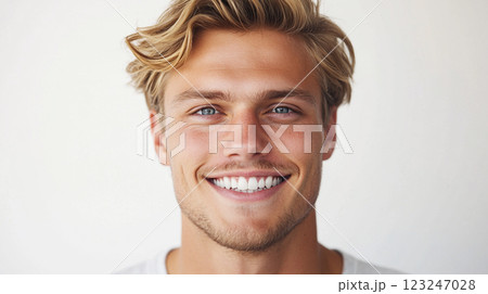 Attractive young man with blond hair and blue eyes smiling warmly. He has a neat stubble beard and a friendly, approachable expression. Attractive young man with blond hair and blue eyes smiling warmly. He has a neat stubble beard and a friendly, approachable expression. 123247028