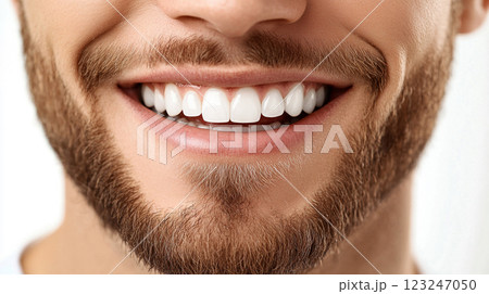 Beaming Brightly: Close-up on a radiant, healthy smile showcasing impeccable dental hygiene and a well-groomed beard. Confident and inviting. Beaming Brightly: Close-up on a radiant, healthy smile showcasing impeccable dental hygiene and a well-groomed beard. Confident and inviting. 123247050