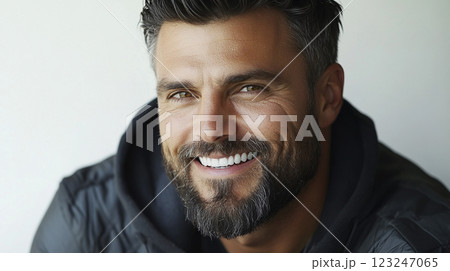 Smiling middle-aged man with a beard and a black jacket poses against a plain background, showcasing charisma and natural good looks. 123247065
