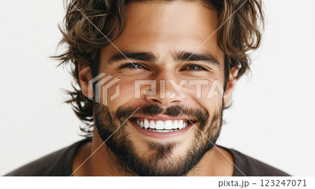 Close-up portrait of a smiling man with a beard, showcasing healthy teeth and a joyful expression against a plain background. 123247071