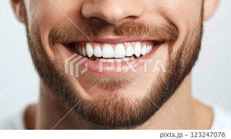 Close-up of a man's face showing a wide, healthy smile with white teeth and a neatly trimmed beard. The image highlights dental care. 123247076