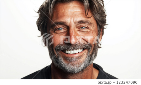 Portrait of a mature man with salt and pepper hair, smiling genuinely against a bright background, showing wisdom and approachability. 123247090