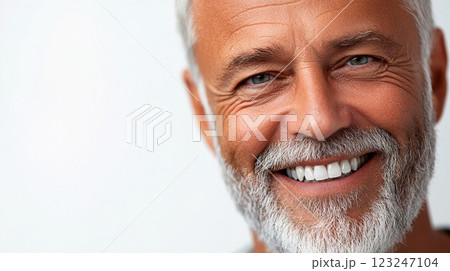 Smiling Senior: A close-up captures the warm, genuine smile of an older man with silver hair and beard against a clean, white backdrop. Smiling Senior: A close-up captures the warm, genuine smile of an older man with silver hair and beard against a clean, white backdrop. 123247104