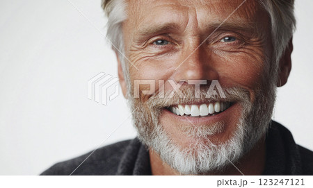 Smiling mature man with graying hair and beard. Close-up portrait against a bright backdrop, showing a positive and confident demeanor. Smiling mature man with graying hair and beard. Close-up portrait against a bright backdrop, showing a positive and confident demeanor. 123247121