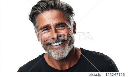 A happy, mature man with a gray beard smiles brightly against a stark white background, showcasing confidence and timeless charm. 123247126