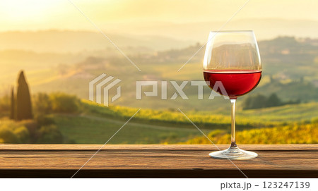 A glass of red wine is set on a wooden surface, overlooking a scenic view of rolling hills under a golden sky at sunset in the countryside. 123247139