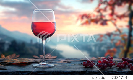 Wine in glass at sunset. Enjoying a glass of red wine at dusk with nature background on table, creating a serene, relaxing atmosphere 123247142