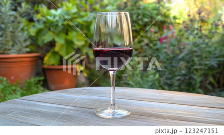 A glass of red liquid on a wooden table, surrounded by lush greenery, bathed in soft sunlight, creating a serene, natural setting. 123247151