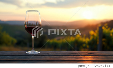 Sunset view with a glass of red wine on a rustic wooden table, overlooking vineyard hills. Enjoying a relaxed evening with nature's beauty. 123247153