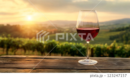 A glass of rich red wine sits on a rustic wooden table with a vineyard in the background. The sun sets with a golden light. A glass of rich red wine sits on a rustic wooden table with a vineyard in the background. The sun sets with a golden light. 123247157