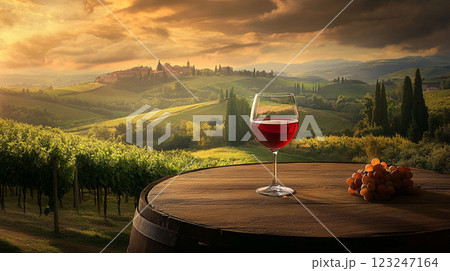 A glass of red wine and grapes rests on a barrel overlooking a scenic vineyard landscape, inviting relaxation and enjoyment of nature's beauty. A glass of red wine and grapes rests on a barrel overlooking a scenic vineyard landscape, inviting relaxation and enjoyment of nature's beauty. 123247164