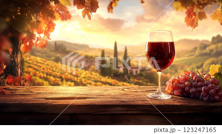 Vineyard's bounty: glass of red served with fresh grapes on aged table. A delightful scene in the heart of a vineyard at sunset. Vineyard's bounty: glass of red served with fresh grapes on aged table. A delightful scene in the heart of a vineyard at sunset. 123247165