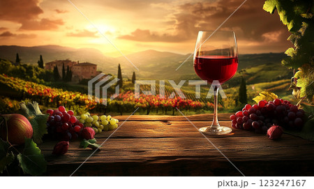 Wine glass and fresh grapes on rustic table against a vineyard backdrop under a serene sunset glow, creating a picturesque scene. 123247167