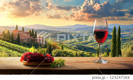 Scenic view of rolling hills with a glass of red wine and grapes on a wooden table, capturing the essence of vineyard lifestyle. Scenic view of rolling hills with a glass of red wine and grapes on a wooden table, capturing the essence of vineyard lifestyle. 123247168