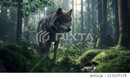 Wolf in a misty forest: The majestic animal roams through the dense undergrowth, bathed in dappled sunlight. A serene wilderness scene. 123247176