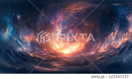 Stunning cosmic scene with a vibrant nebula swirling in space, showcasing fiery reds and oranges against a backdrop of dark blues. Stunning cosmic scene with a vibrant nebula swirling in space, showcasing fiery reds and oranges against a backdrop of dark blues. 123247237