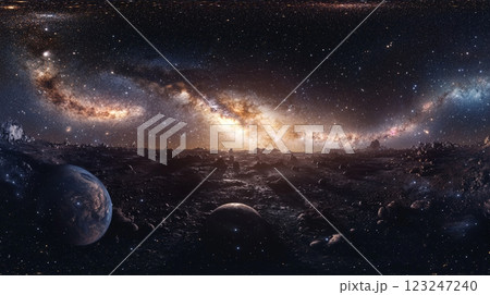 A breathtaking cosmic vista showcases planets on a rugged terrain beneath a radiant, star-studded galaxy, evoking the infinite expanse of space. 123247240
