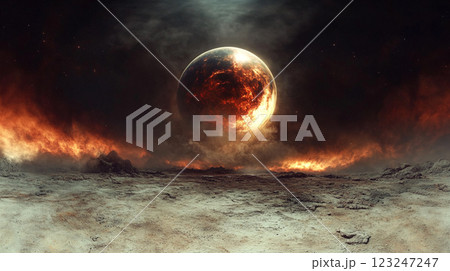 Dramatic cosmic scene: Molten planet rises above desolate, rocky landscape under a smoky sky. Burning atmosphere creates tension. 123247247