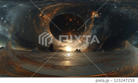 Otherworldly Landscape: A large celestial orb hangs above a barren world, silhouetted against a distant sun, creating a surreal vista. 123247258