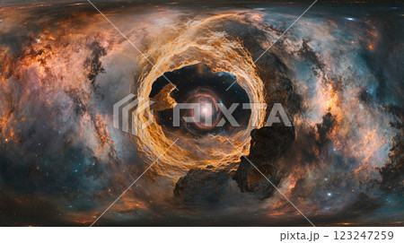 Cosmic Portal: Explore a mesmerizing journey through a swirling nebula, where stars and cosmic dust create a breathtaking tunnel of light. 123247259