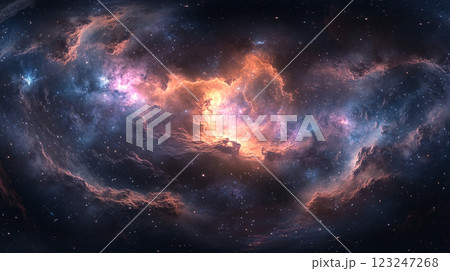 A stunning nebula in deep space, showcasing vibrant blues, pinks, and oranges against a dark backdrop of distant stars. Vast and captivating. 123247268