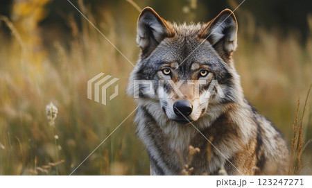 Captivating close-up of a majestic wolf, its intense gaze and detailed fur showcased against a serene natural backdrop. 123247271